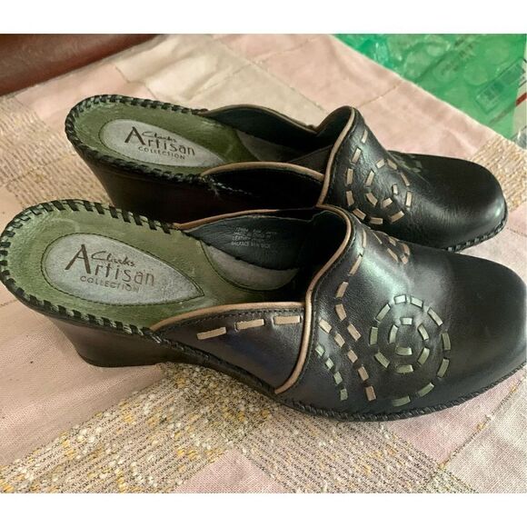 CLARKS leather weave wedge women’s mule - Picture 2 of 6